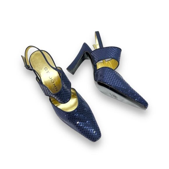 ST JOHN Electric Blue Sequin Evening Slingback Block Heels with Dust Bag SZ 7 - Picture 10 of 14
